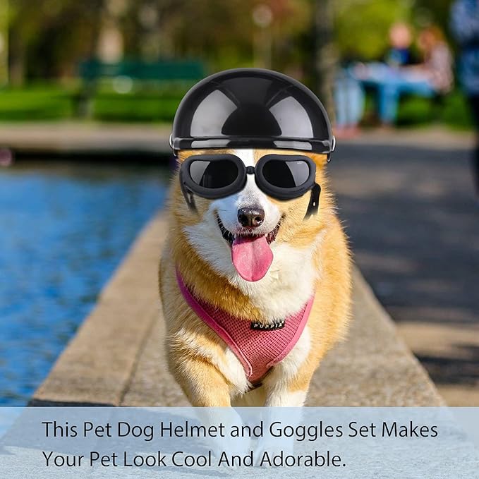 Frienda Dog Helmet and Goggles, UV Protection Doggy Sunglasses and 4 Inch Padded Puppy Motorcycle Helmet Adorable Dog Goggles with Adjustable Belt for Small Dogs Puppy Riding(Black,S)-PurrikoPets