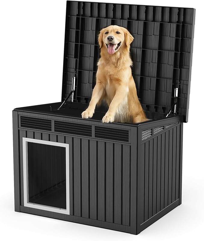 Dog House Indoor Outdoor,Resin Waterproof Puppy Shelter with Air Vents and Elevated Floor,Air Rod on Top to Open,Dog Kennel for Small to Large Dogs(Black,42.87 * 32.95 * 31.61)-PurrikoPets