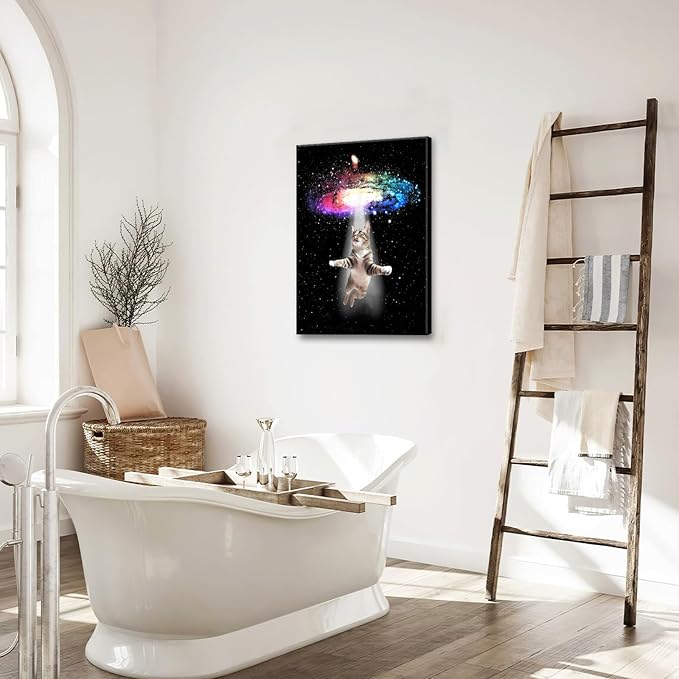 Funny Cat Wall Art Canvas Galaxy Wall Decor Prints Framed Painting Animal Pictures Gifts Artwork for Bathroom Living Dining Kitchen 16"x24"-PurrikoPets