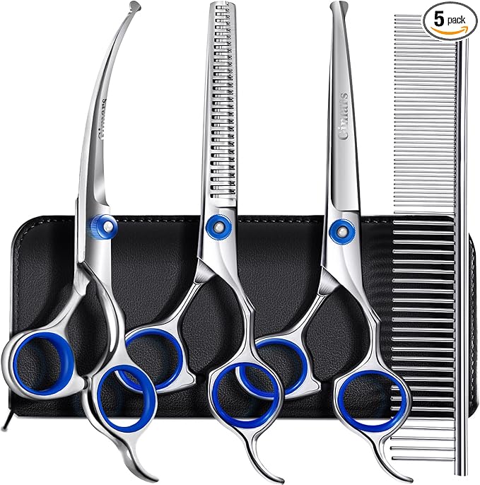 Gimars Professional 5 in 1 Grooming Scissors for Dogs 4CR with Safety Round Tip, Heavy Duty Titanium Coated Straight & Thinning & Curved Shears-PurrikoPets
