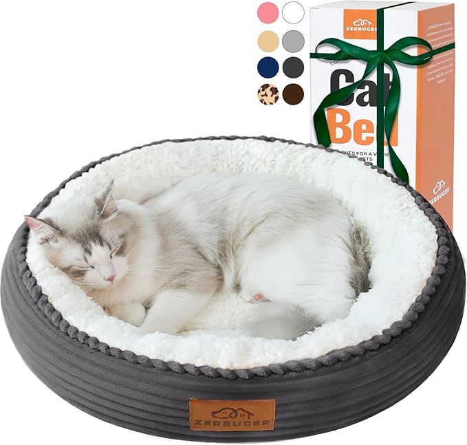 20in Washable Cat Beds for Indoor Cats - Round Donut Pet Bed for Cats, Small Dogs, Puppy, Kitten - Anti-Slip Bottom, Calming Bed Gift - Dark Grey-PurrikoPets