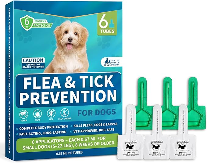 Flea and Tick Prevention for Small Dogs, 6-Month Supply Dog Flea and Tick Treatment Drops, Topical Fast-Acting Dog Flea Treatment for Small Dogs Up to 5 to 22 lbs-PurrikoPets