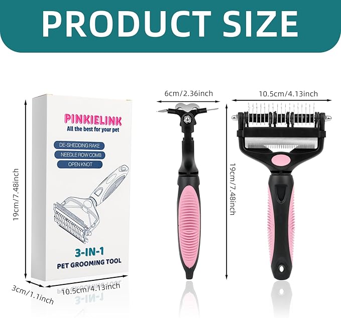 3-IN-1 Pet Grooming Tool - Undercoat Rake, Dematting Comb & Deshedding Brush for Cats & Dogs - Removes Mats, Tangles & Loose Fur, Reduces Shedding & Prevents Hair Mess (Pink)-PurrikoPets
