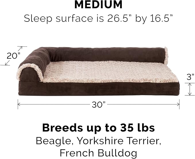 Furhaven Cooling Gel Dog Bed for Medium/Small Dogs w/ Removable Bolsters & Washable Cover, For Dogs Up to 35 lbs - Two-Tone Plush Faux Fur & Suede L Shaped Chaise - Espresso, Medium-PurrikoPets