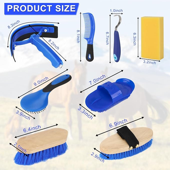 9 Pieces Grooming Kit with Tote Bag - Horse Brush Set, Sweat Scraper, Sponge, Hoof Pick, Curry Comb for Riders and Beginners (Blue)-PurrikoPets