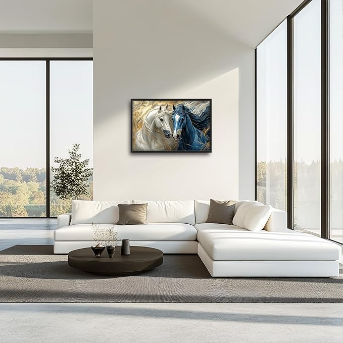 Framed Large Horse Wall Art for Living Room, Oversized Abstract Horses Wall Decor Blue and Golden Canvas Painting Animal Pictures Modern Artwork for Living Room Bedroom Office 36"x24"-PurrikoPets