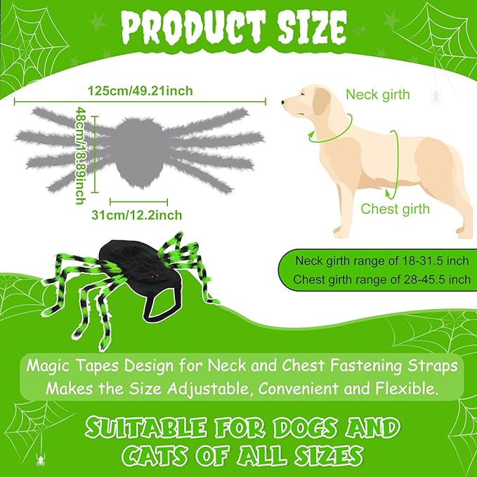 Dog Halloween Costume Large Breed, Furry Dog Spider Costume with 64 LED, Funny Halloween Dogs Costumes for Large Dogs Medium Pet Halloween Party Cosplay (Green)-PurrikoPets