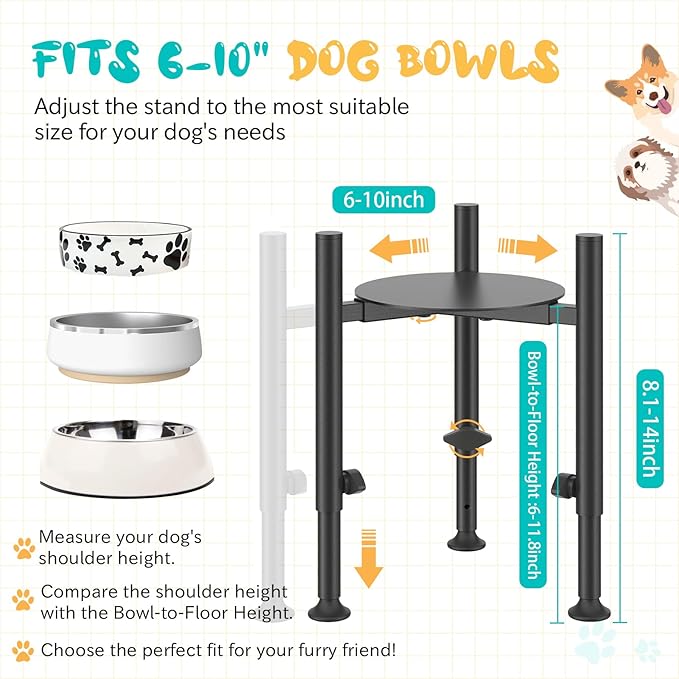 Adjustable Dog Bowls Elevated Stand- 4 Heights, Wide 6-10" -Oppro Metal Raised Tall Single Dog Food Bowl Stands Holder, Upgrade Lifted Water Feeder with Tray for Medium Large Small Breed, Black-PurrikoPets