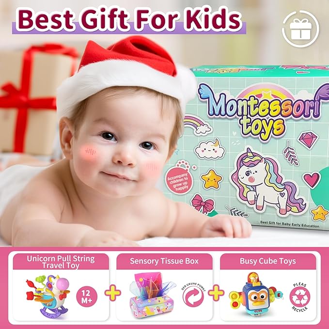 3 in1 Baby Toys 12 to 18 Months - Busy Board Sensory Toys, Tissue Box Toy, Pull String Teether, Learning Toy for Babies, Infant Gifts for 12 18 Months Old-PurrikoPets