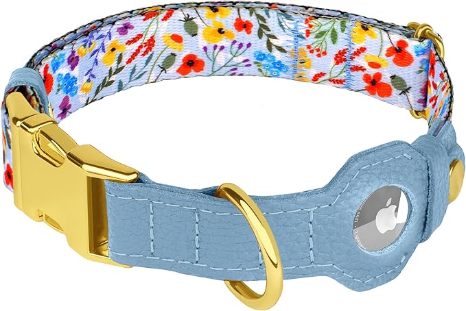 AirTag Dog Collar for Small Medium Large Breed - Adjustable Cute Pattern Dog Collar with Airtag Holder - Soft Leather Tracker GPS Apple Air Tag Pet Collars (X-Large, 20"-25" Neck Fit, Floral)-PurrikoPets