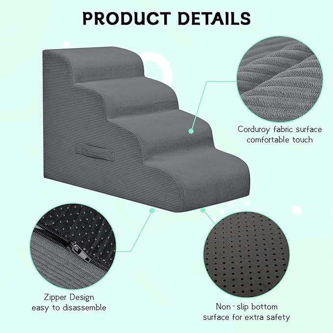 Dog Stairs & Steps for High Beds, 3 Steps High Density Foam Waterproof Dog Ramp for Small Dogs and Cats, Pet Stairs with Removable Washable Cover for Bed, Couch, Sofa and Car (H:16")-PurrikoPets