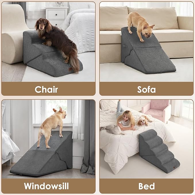 EHEYCIGA Curved Foldable Dog Stairs Ramp for High Beds 19.7" H, 4-Step Dog Steps for Small Dogs and Cats, Pet Stairs for High Bed Climbing, Non-Slip Balanced Pet Step Indoor, Grey-PurrikoPets