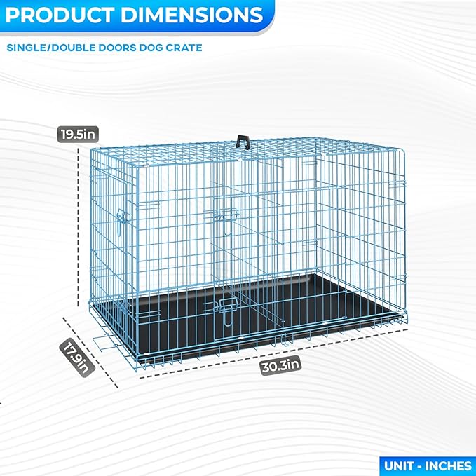 FDW Dog Crate for Medium Dogs 30 Inch Folding Metal WirePet Cage Double Door W/Divider Panel Indoor Outdoor Kennel Leak-Proof Plastic Tray,Blue-PurrikoPets