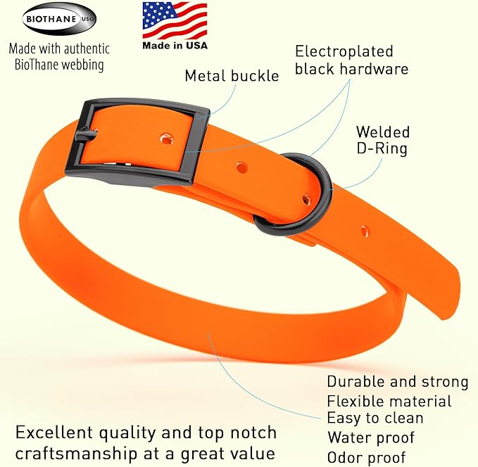 Dogline Biothane Waterproof Dog Collar Strong Coated Nylon Webbing with Black Hardware Odor- Proof for Easy Care Easy to Clean High Performance Fits Small Medium or Large Dogs, Hunter Orange-PurrikoPets