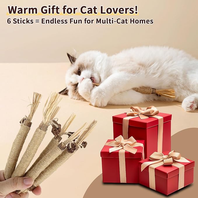 6 Pack Silvervine Cat Chew Toys, Natural Dental Sticks for Indoor Cats, Kittens Teeth Cleaning, Catnip Alternative, Interactive Play, Yellow-PurrikoPets