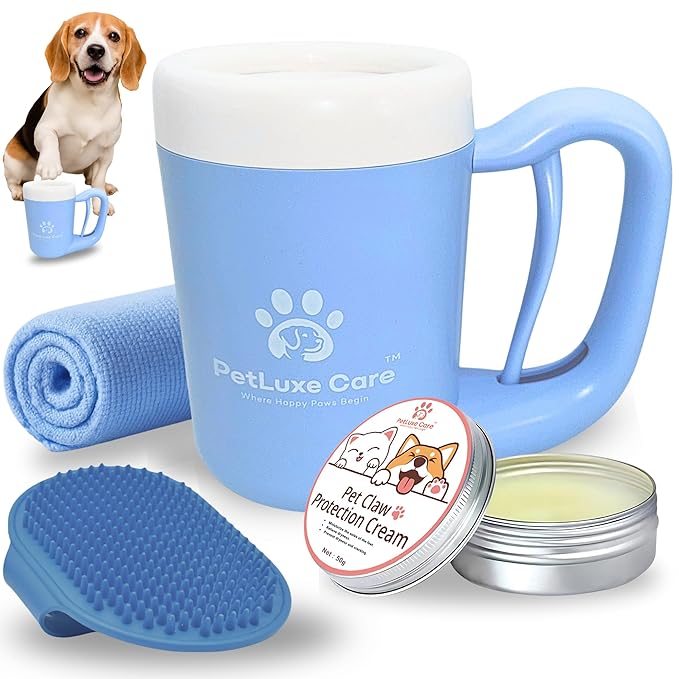 Dog Paw Cleaner for Small & Medium Dogs – Portable Paw Washer Cup with Soft Silicone Brush, Towel & Moisturizing Balm – Gently Cleans Muddy Paws After Walks (Blue, Medium)-PurrikoPets