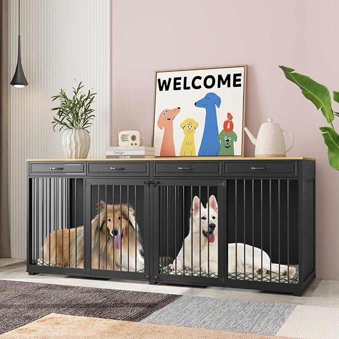Extra Large Dog Crate with Double Rooms, 93" Heavy Duty Wooden Dog Cage Furniture Dog Crate Kennel w/Drawers & Removable Divider,Indoor Luxury Dog House for Large Dogs,Black-PurrikoPets