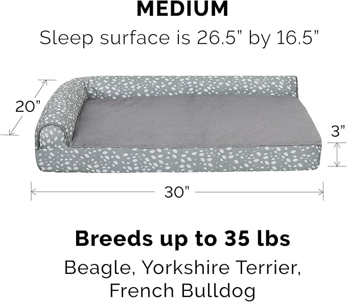 FurHaven Supportive Cooling Memory Foam L Chaise Dog Bed with Washable & Removable Cover - Plush & Almond Print - Gray Almonds, Dogs Up to 35 lbs - Medium-PurrikoPets