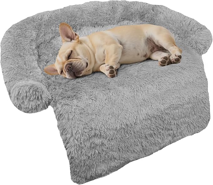 GGIB Calming Dog Bed Fluffy Plush Dog Mat for Furniture Protector with Removable Washable Cover for Large Medium Small Dogs and Cats (Small,Grey)-PurrikoPets
