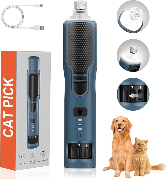 Dog Nail Grinder 7-Speed & 360° LED Light, Professional Pet Nail Grinder for Dogs and Cats, Electric Dog Nail Trimmer Painless Paws Grooming & Smoothing Tool for Large Medium Small Dogs Cats Pets-PurrikoPets