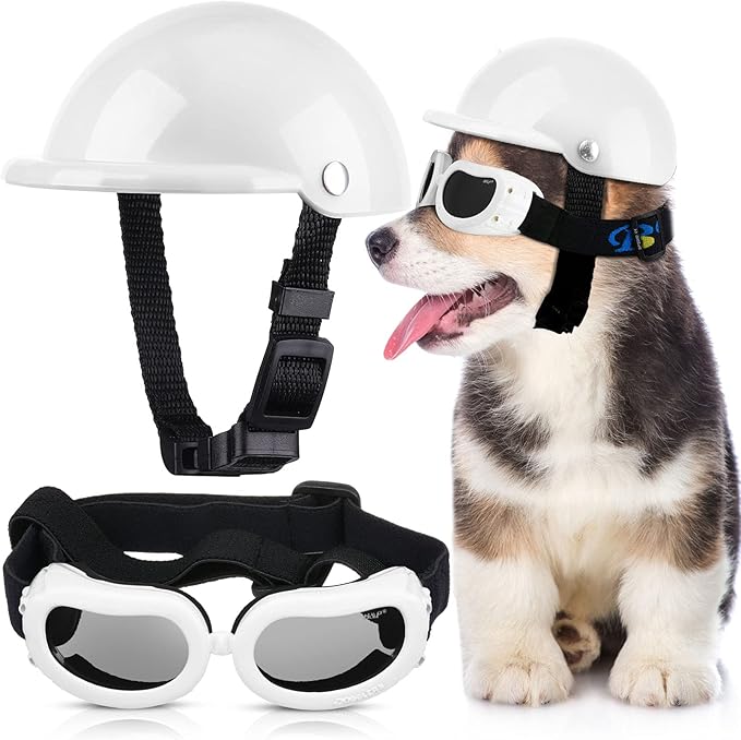 Frienda Dog Helmet and Goggles, UV Protection Doggy Sunglasses and 4 Inch Padded Puppy Motorcycle Helmet Adorable Dog Goggles with Adjustable Belt for Small Dogs Puppy Riding(White,S)-PurrikoPets