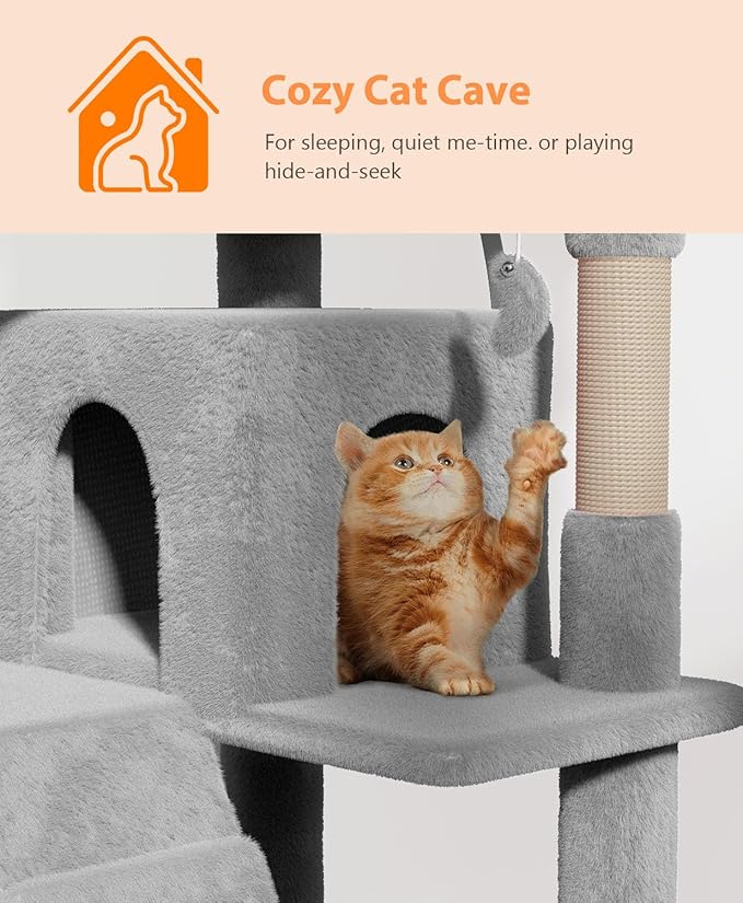 54" Cat Tree Tower for Indoor Cats Large Adult,Cute/Tall Modern Cat Tree for Big Cats 20 lbs, Plush Multi-Level Cat Condo with Scratching Posts, Dangling Ball for Fun (Light Gray, 54 inch)-PurrikoPets