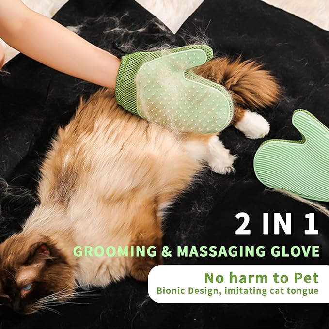 2 in 1 Pet Fur Glove & Cat Hair Remover Glove, Dog Grooming Glove Brush for Shedding, Massage, Efficient Pet Hair Remover Mitt for Couch, Carpet [Green/Single]-PurrikoPets