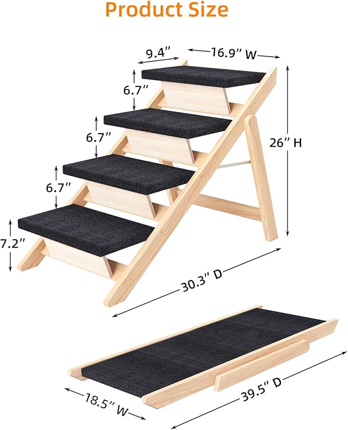 Dog Stairs/Ramp for Bed, Wooden Convertible Pet Steps, Portable Dog Ladder Up to 180 Pound for Elderly/Short-Legged Dogs, 4 Steps for Beds, Couch, Cars-PurrikoPets