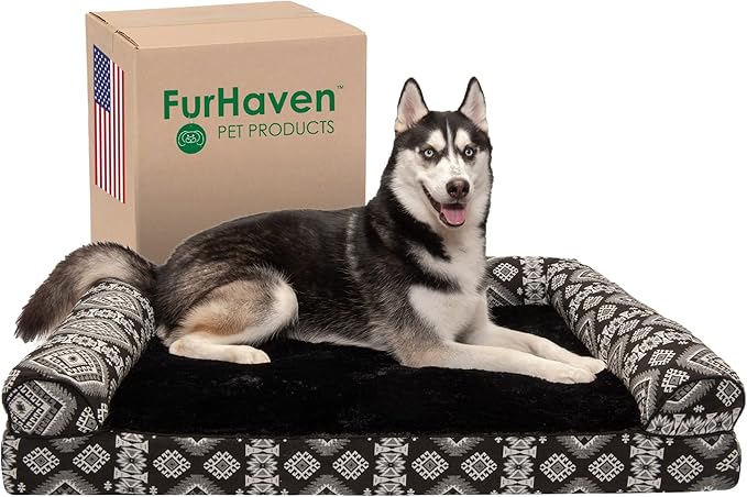 Furhaven Orthopedic Dog Bed for Large Dogs w/ Removable Bolsters & Washable Cover, For Dogs Up to 95 lbs - Plush & Southwest Kilim Woven Decor Sofa - Black Medallion, Jumbo/XL-PurrikoPets