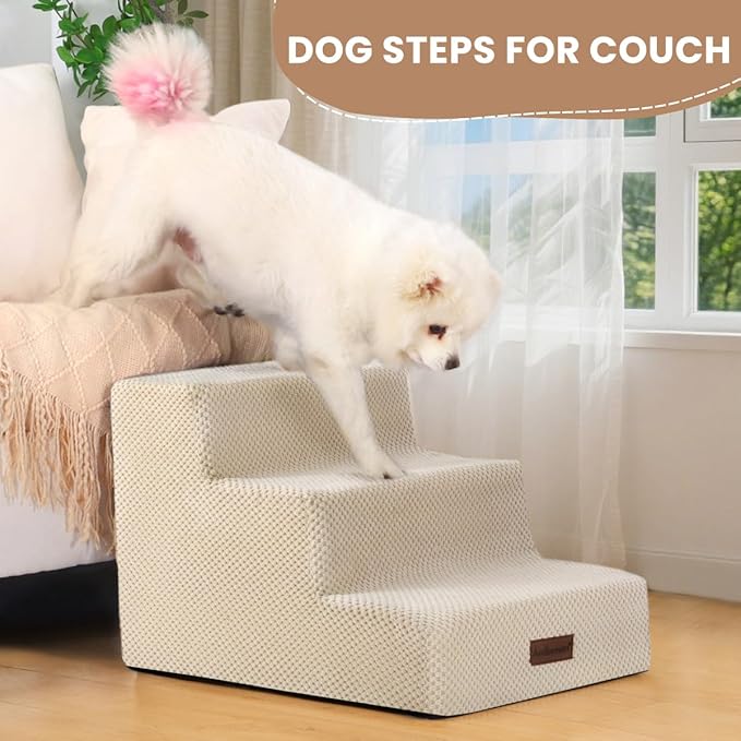Dog Stairs for Small Dogs & Cats, 3-Step Non-Slip Pet Steps for Couch Sofa and Chair, Beige, 13.6" H-PurrikoPets