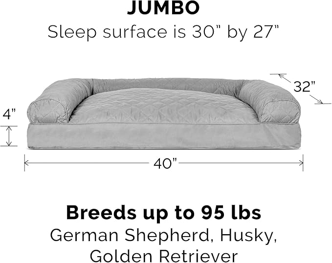 Furhaven Pillow Dog Bed for Large Dogs w/ Removable Bolsters & Washable Cover - Quilted Sofa - Silver Gray, Jumbo/XL-PurrikoPets