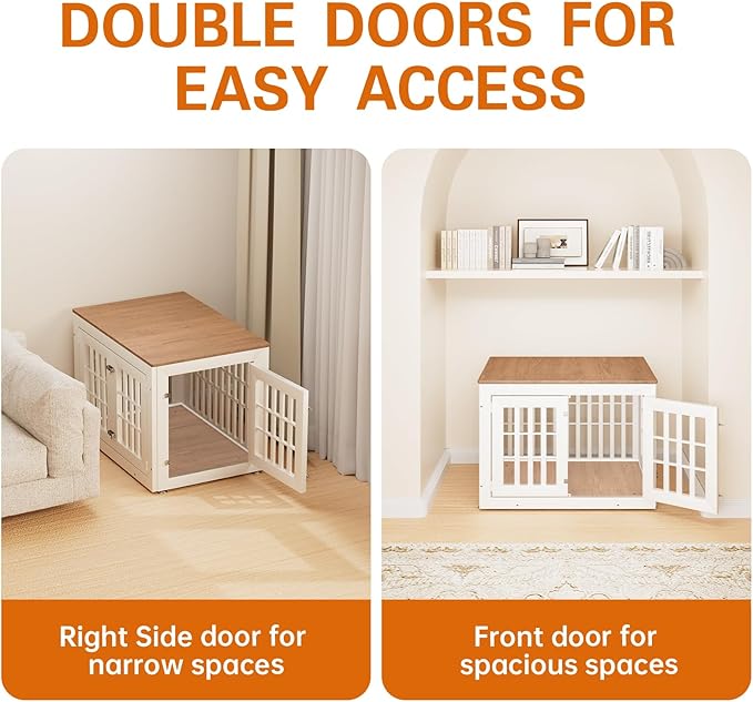 38" Heavy Duty Dog Crate Furniture for Small,Medium and Large Dogs,Rustic Wooden Dog Cage Kennel Indoor Furniture with Waterproof Top,Decorative Pet House Side End Table (White & Wood)-PurrikoPets