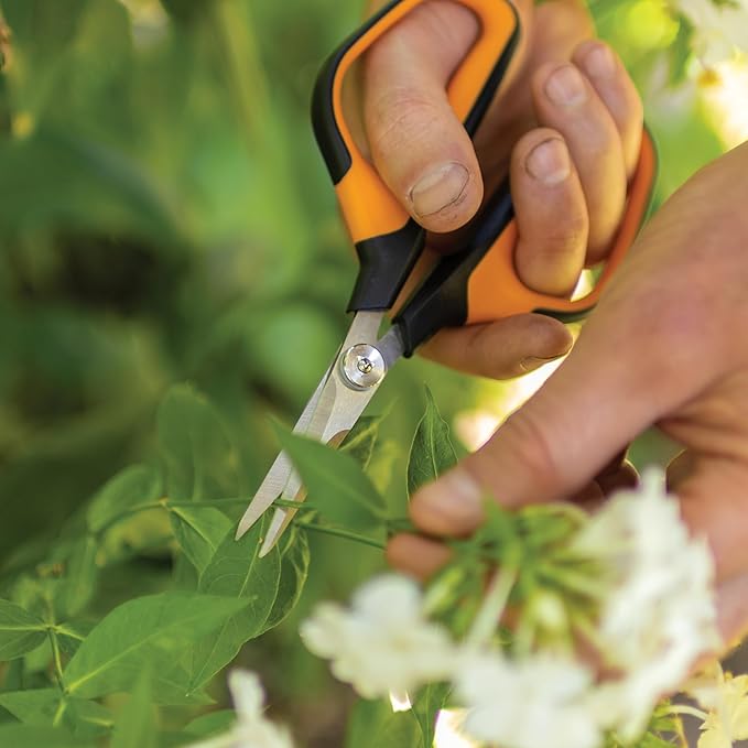Fiskars Comfort Loop Micro-Tip Pruning Snips - 7" Garden Shears with Sheath and Extra Large SoftGrip Handle - Yard and Garden Tools - Orange/Black-PurrikoPets