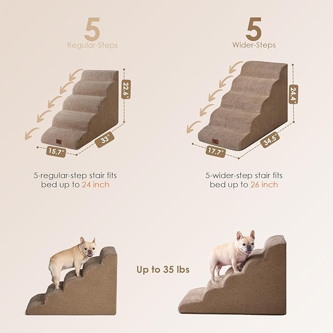 EHEYCIGA Curved Dog Stairs Ramp for High Beds, 5-Step Extra Wide Dog Steps for Small Dogs and Cats, Pet Stairs for High Bed Climbing, Non-Slip Balanced Pet Step Indoor, Camel-PurrikoPets