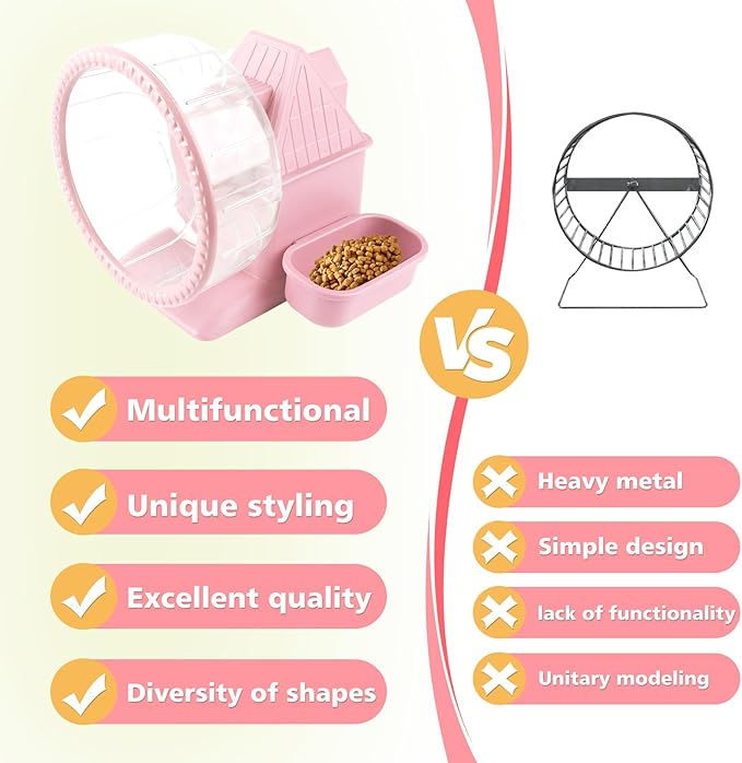 4 in 1 Silent Large Hamster Wheel Multifunctional Hamster Running Wheel Quite Running Spinner Wheel Accessories with Food Bowl Water Bottle for Hamsters Dwarf Gerbil (Pink)-PurrikoPets