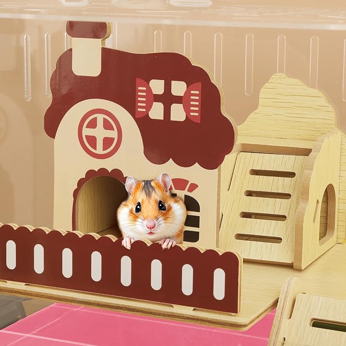 8 in 1 Clear Acrylic Hamster Cage with All Accessories,13.5''L* 10''W* 13''H Dwarf Hamster Cage,Small Hamster Habitat,Garden Style Mouse Cage for Pet Mice,Hamster Enclosure(1-Layer,Pink)-PurrikoPets