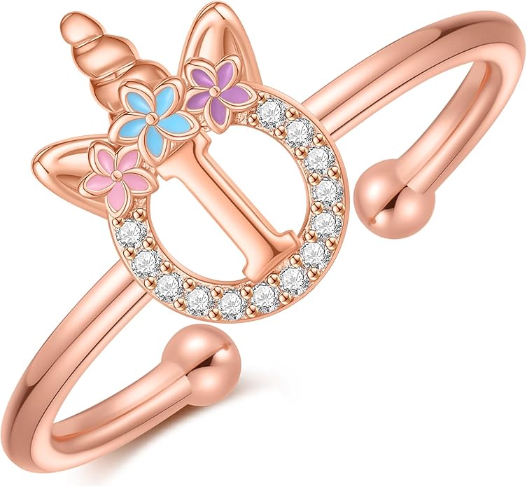 Unicorn Rings Gifts for Girls - Adjustable Initial Ring Dainty Cute Unicorn Rings for Girl Teens Little Girls Jewelry Birthday Gift