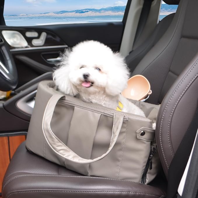 2 and 1 Center Console Dog Car Seat & Carrier for Small Dogs, Large Leather Dog Car Bed with Storage Pocket, Waterproof PVC Leather Seat Travel Bed for Front & Back Seat, Clip-On Safety Leash-PurrikoPets