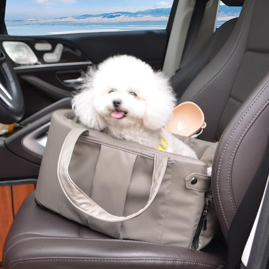 2 and 1 Center Console Dog Car Seat & Carrier for Small Dogs, Large Leather Dog Car Bed with Storage Pocket, Waterproof PVC Leather Seat Travel Bed for Front & Back Seat, Clip-On Safety Leash-PurrikoPets