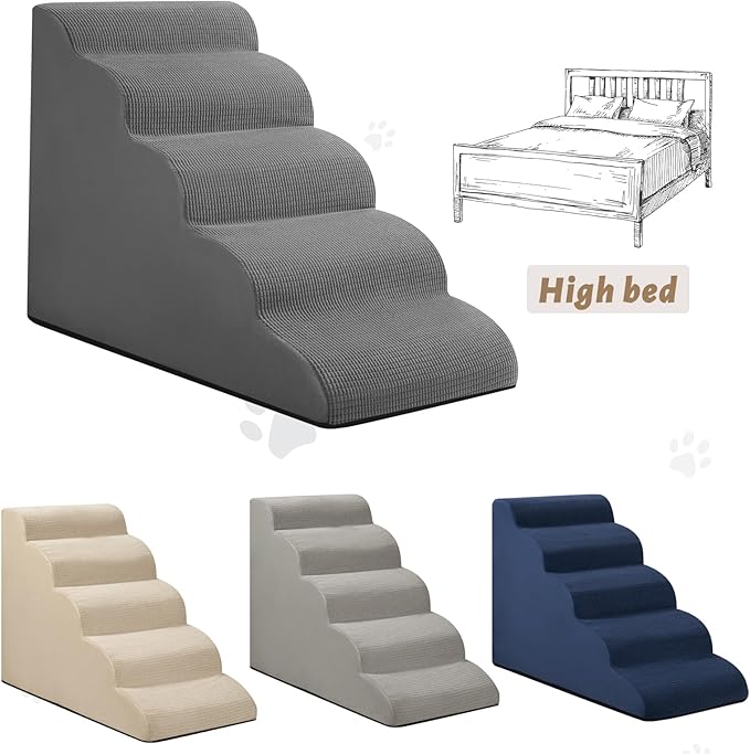 5-Step Dog Stairs and Ramp for High Bed, Non-Slip Sturdy Pet Steps for Small Dogs and Cats,22.2" H,Grey-PurrikoPets