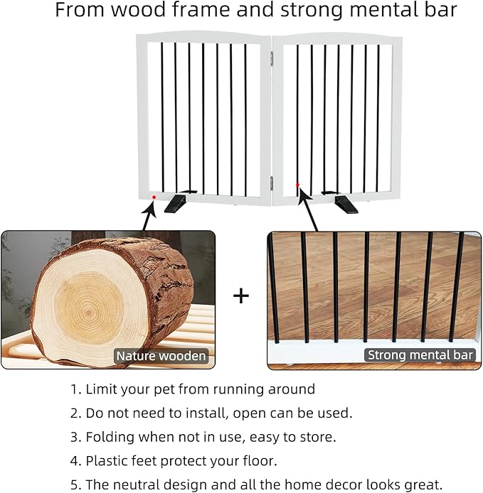 Freestanding Panel Gate for Indoor Doorways, Stairs, or Hallways, Foldable Wooden Gate for Dogs, Support Feet Included, 24" Height - 2 Panels, White-PurrikoPets