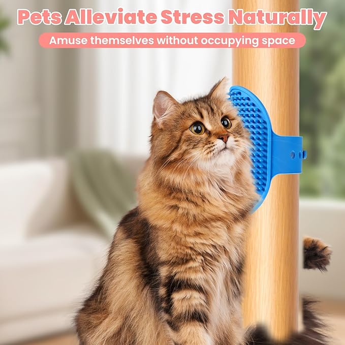 4Pcs Silicone Cat Grooming Brush Set, Multi-Functional Cat Self Groomer for Indoor Cats, Wall Mounted Face Scratchers, Grooming Strap Pad for Sofa & Chair Legs (Blue, Red)-PurrikoPets
