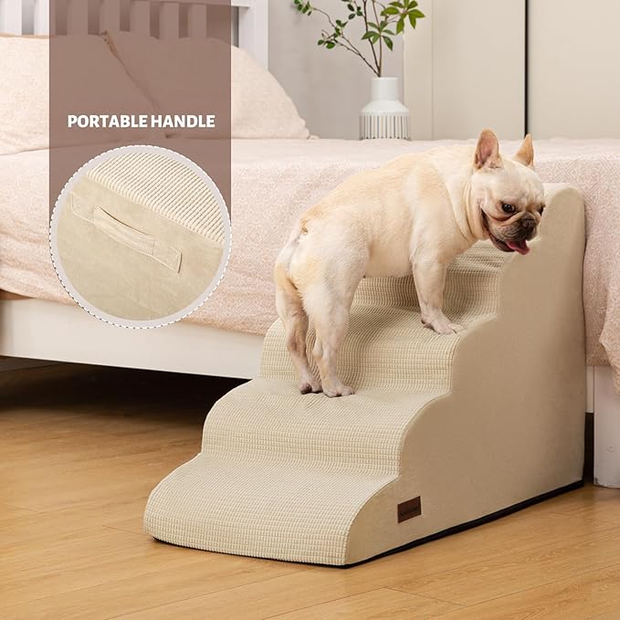 5-Step Dog Stairs and Ramp for High Bed,Non-Slip Sturdy Pet Steps for Small Dogs and Cats,22.2" H,Beige-PurrikoPets