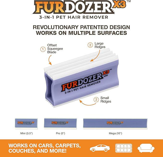 FurDozer X3 MINI Pet Hair Remover & Auto Detailing Tool - Cat & Dog Hair Remover for Carpet, Car Interior, Couch, Bedding, & Furniture - Reusable Pet Hair Removal Tool for Dog Fur & Lint, 3.5", Purple-PurrikoPets