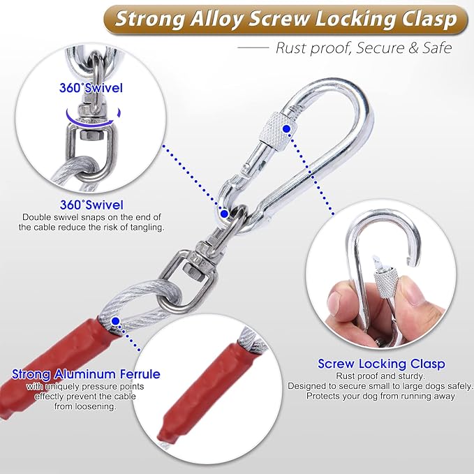 Dog Tie Out Cable for Dogs Outside Up to 125/250lbs,10/20/30/50FT Long Dog Leashes&Chains,Small-Large Dogs Runner Cable for Yard,Heavy Duty Lead Line for Outdoor,Camping,Yard(250lbs 20FT, Silver)-PurrikoPets