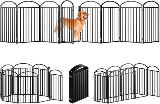 8 Panles Full Matel Freestanding Dog Gates with Door, 192"Extra Wide 36"Tall Free Standing Dog Pet Gate for Indoor & Outdoor. Foldable Pet Fences for Doorways, House, Stairs, Porch, Deck, Yard-PurrikoPets