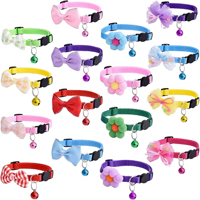 16 PCS Cute Cat Collar with Bells Kitten Collars for Girls Pink Cat Collar Breakaway Cat Collars for Girl Cats Small Kitten Collar with Bell Boy Pet Collar for Cats Kitten Supplies Flower Cat Collar-PurrikoPets
