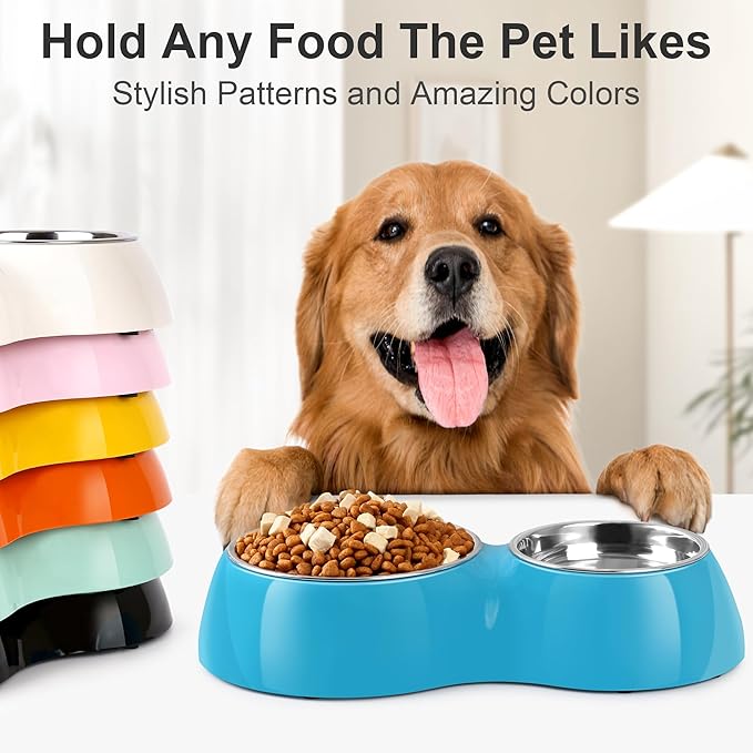 Elevated Dog Bowls Set - Non-Slip Raised Pet Feeder with Medium (2 Cups) & Large (4 Cups) Stainless Steel Bowls - Includes Durable Resin Stand for Puppies, Adult Dogs & Cats - Blue-PurrikoPets