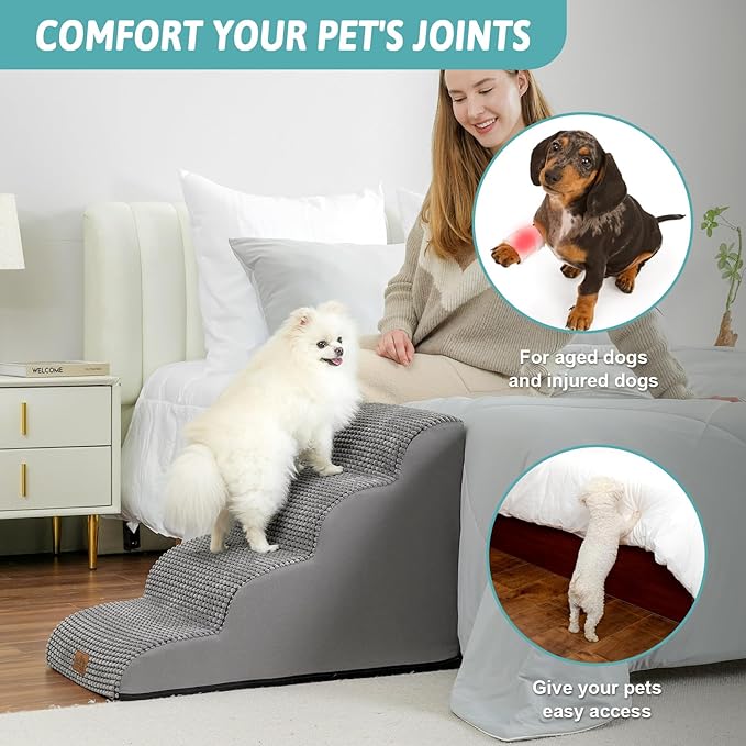 Dog Stairs for Small Dogs 19.7" H, Curved Dog Step for Puppy, Older or Cat, Medium Pet Ramp for Sofa, Couch or Bed, Ladder with High Density Foam, 15.7x28.3x19.7 inch, 4 Step, Light Grey-PurrikoPets