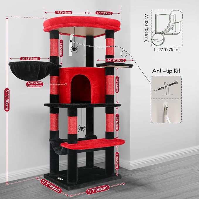 Globlazer Gothic Corner Cat Tree Tower with Scratching Post for Indoor Cats, 51inch Goth Cat Condo Tower with Large Hammock, Fan-Shaped Padded Perch, Spacious Cat Cave, Hanging Basket, C51, Red Black-PurrikoPets